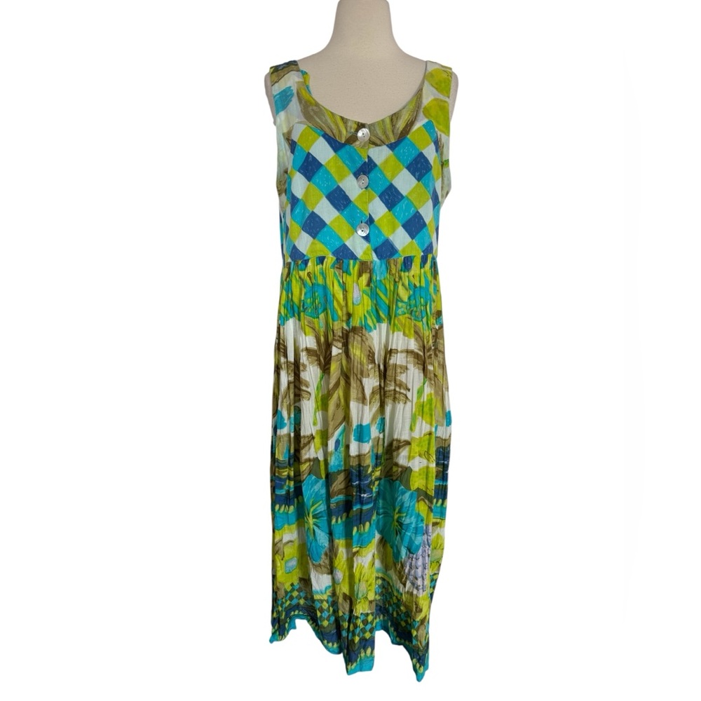La Cera Women’s Midi Dress SZ M Button Detail Sleeveless Blue Green Checkered